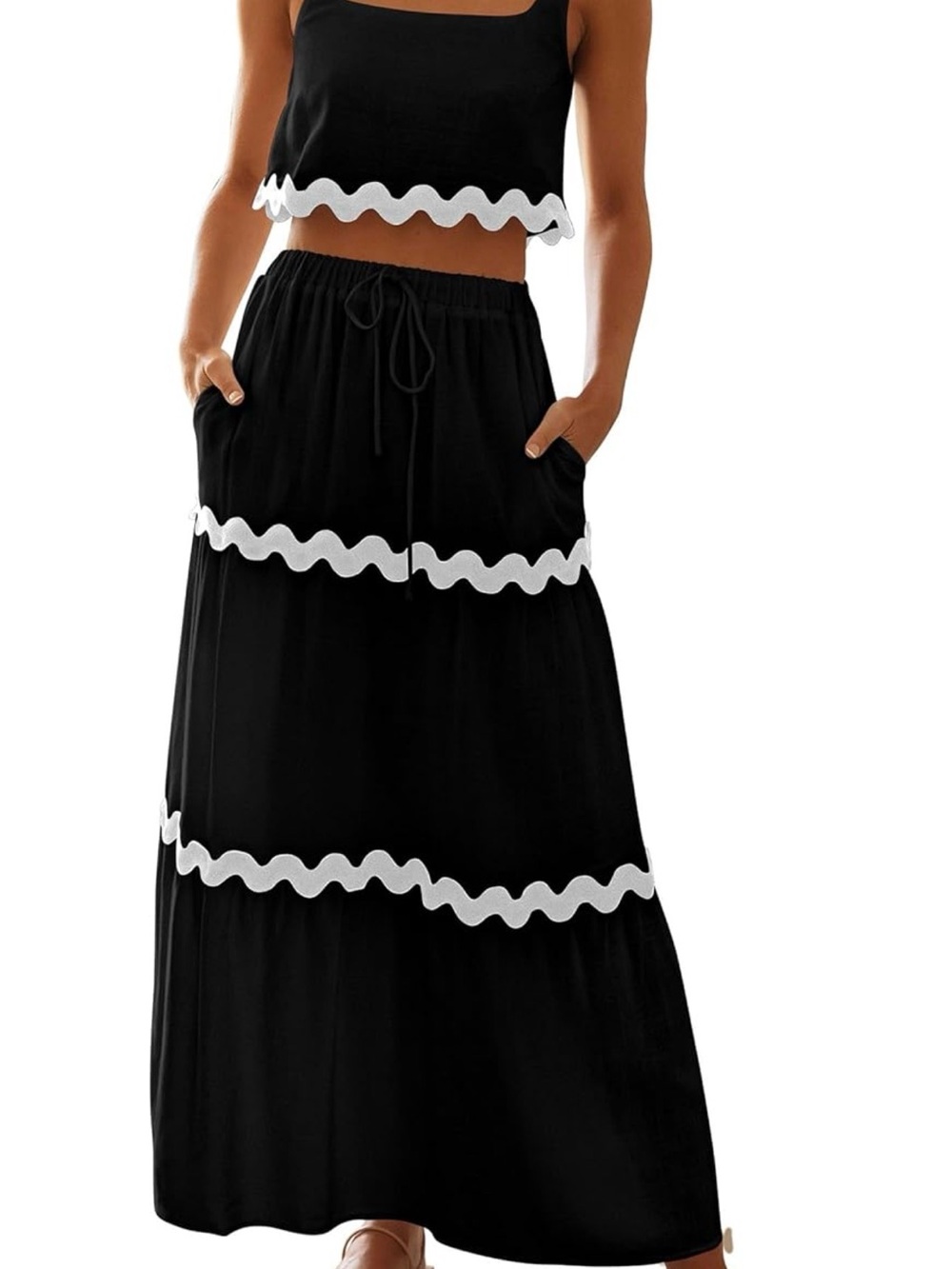 Black Maxi Skirt and Top with White Trim - Women